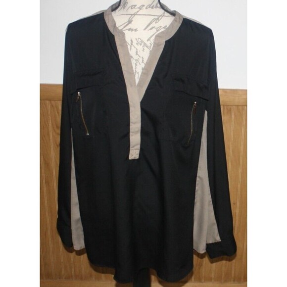 Lane Bryant Black & Tan Long Roll Tab Sleeve Zipper Pockets Blouse Plus Sz 22/24 - Picture 1 of 11